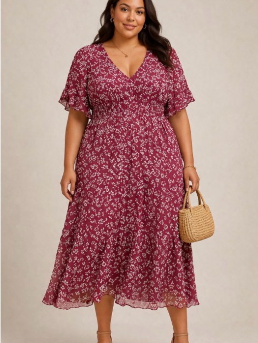 BloomChic Berry Floral V-Neck Midi Dress